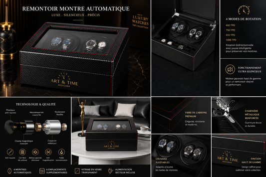Remontoir 4 Montres - 6 Emplacements | Carbone simili cuir (sans personnalisation)