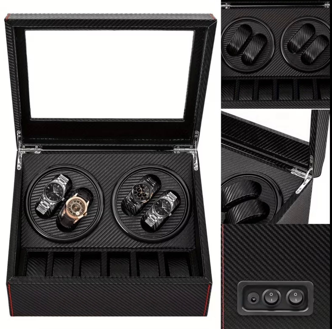 Remontoir 4 Montres - 6 Emplacements | Carbone simili cuir (sans personnalisation)