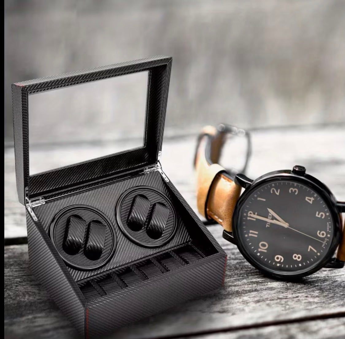 Remontoir 4 Montres - 6 Emplacements | Carbone simili cuir (sans personnalisation)
