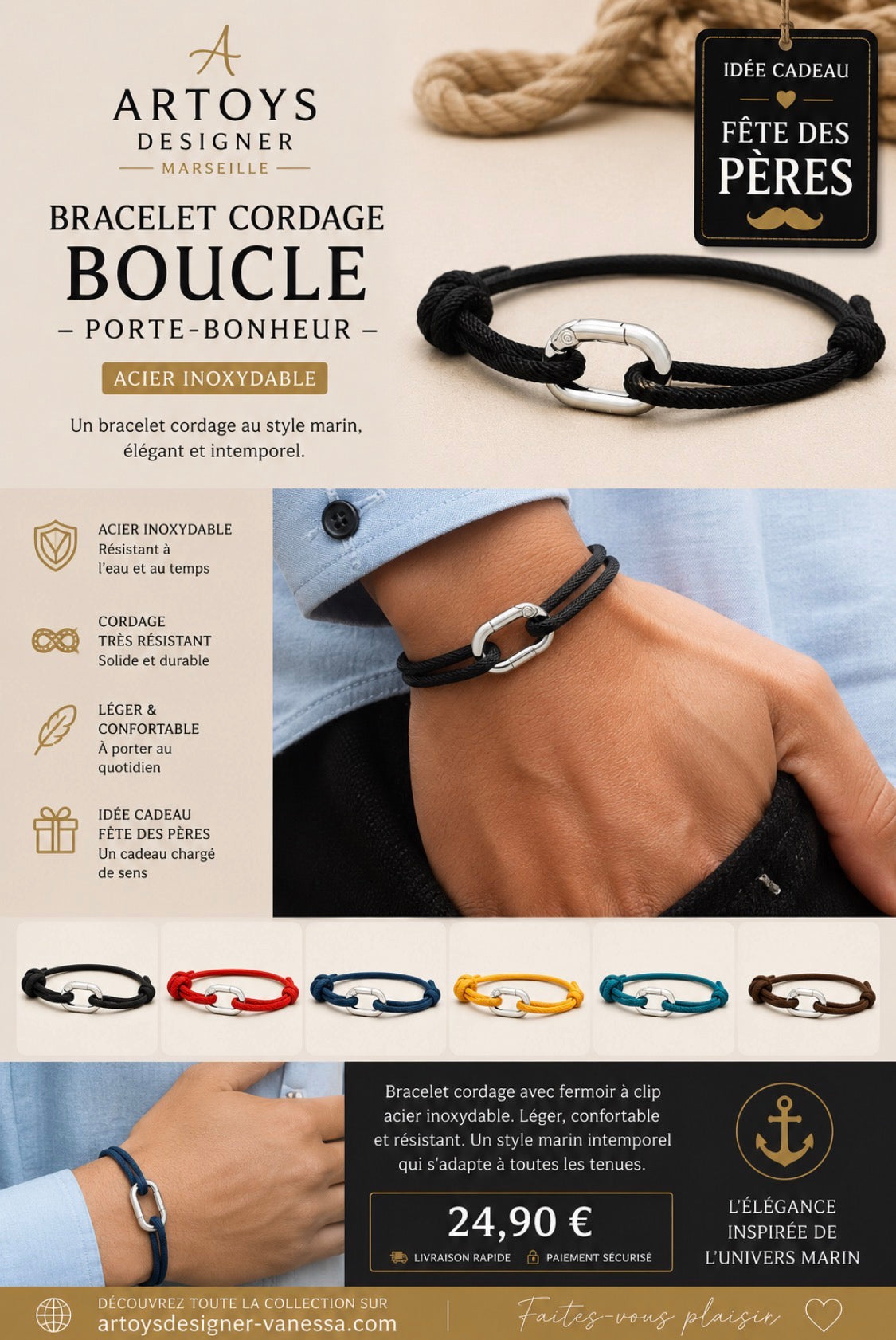 BRACELET CORDAGE BOUCLE (fermoir à clip) – PORTE-BONHEUR