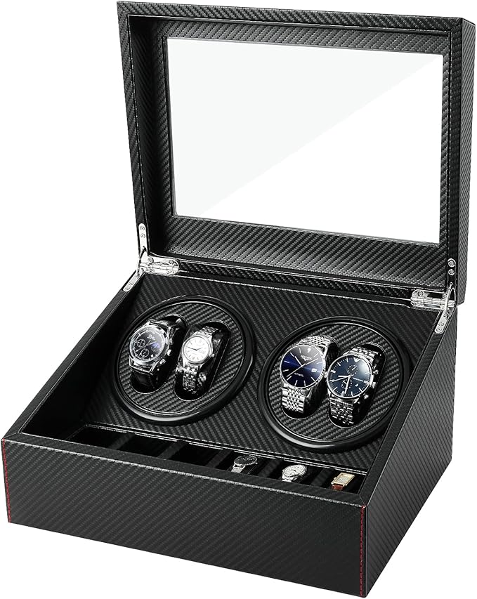 Remontoir 4 Montres - 6 Emplacements | Carbone simili cuir (sans personnalisation)