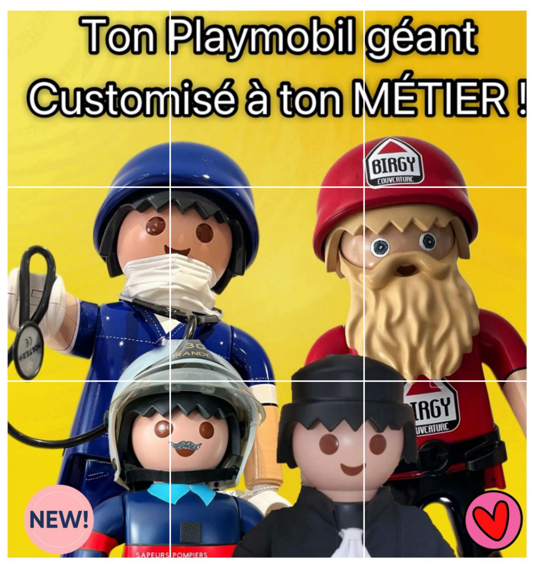 **Ton Playmobil XXL work… C’EST CHEZ ARTOYS DESIGNER !**

Découvrez le monde incroyable d'Artoys Designer, où votre Playmo métier devient la véritable effigie publicitaire de votre entreprise, représentative de votre travail !

Que vous soyez peintre, cuisinier, pompier, policier, joueur de football, ou autre, Vanessa Fodera vous représente à partir d’un Playmobil XXL de 65 cm de haut.

Imaginez une mascotte d'entreprise ou un Playmobil géant qui vous représente parfaitement dans votre métier, placée à l'ac