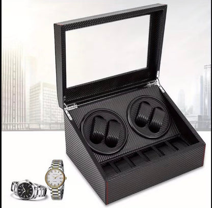 Remontoir 4 Montres - 6 Emplacements | Carbone simili cuir (sans personnalisation)