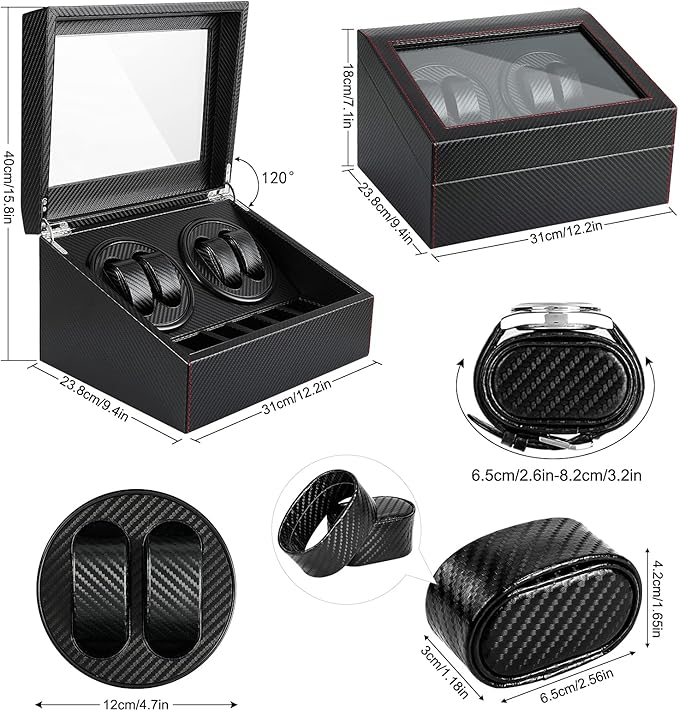 Remontoir 4 Montres - 6 Emplacements | Carbone simili cuir (sans personnalisation)