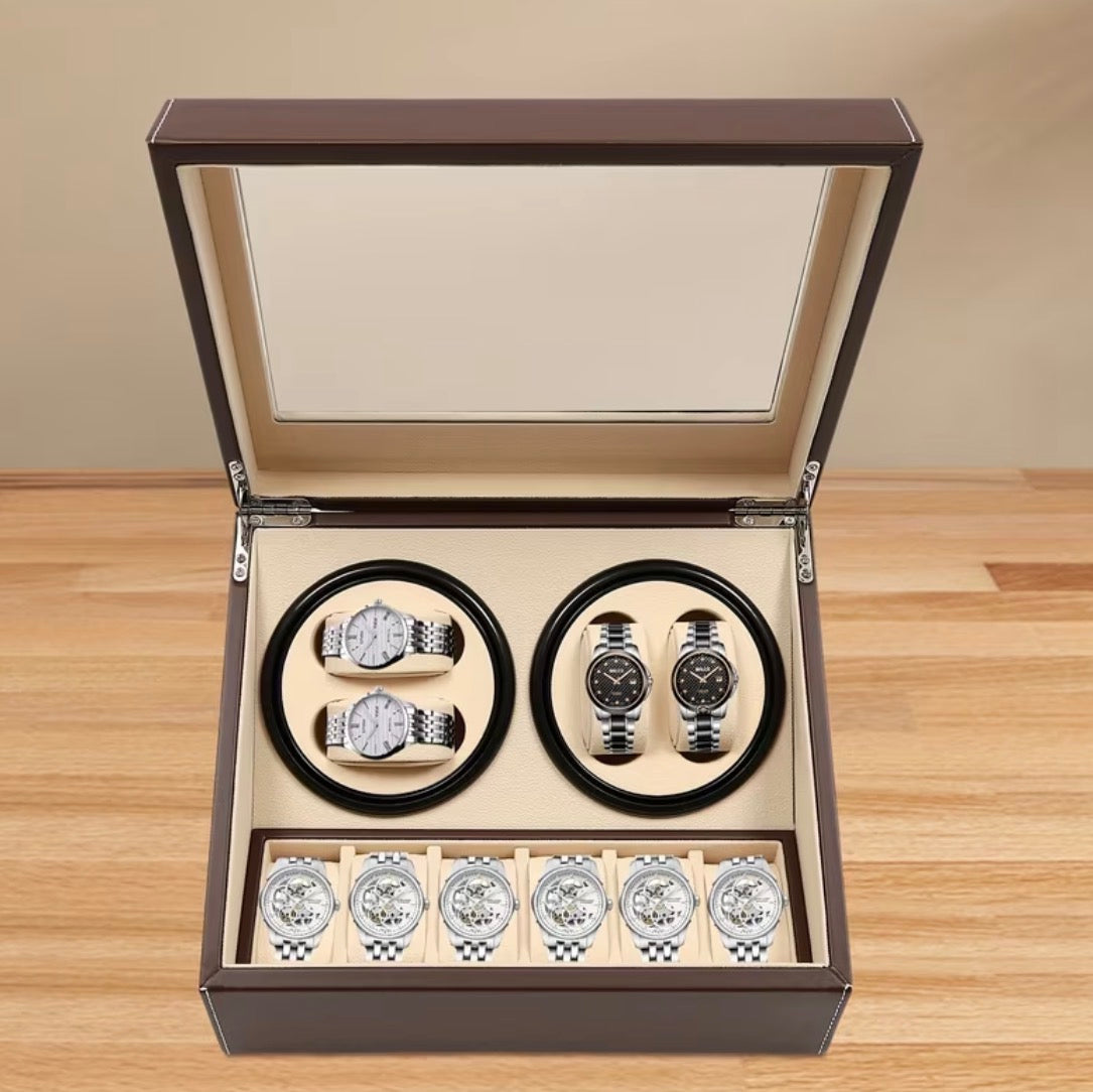 Remontoir 4 Montres - 6 Emplacements | Brun simili cuir (sans personnalisation)