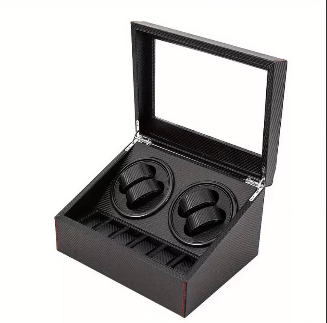 Remontoir 4 Montres - 6 Emplacements | Carbone simili cuir (sans personnalisation)