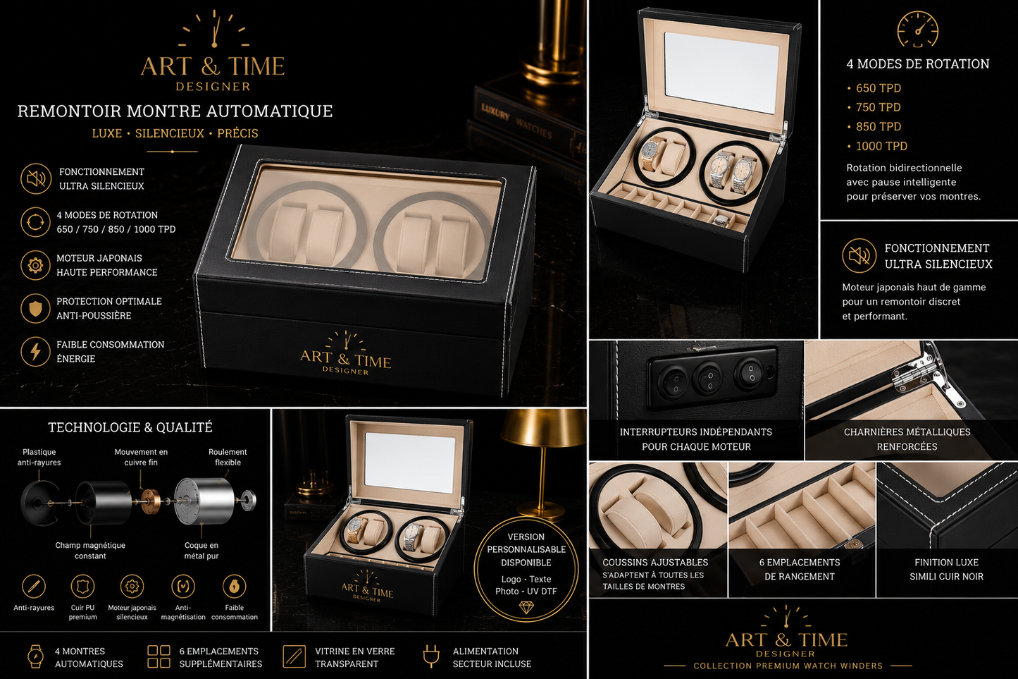 Remontoir 4 Montres - 6 Emplacements | Noir simili cuir (sans personnalisation)