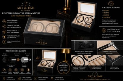 Remontoir 4 Montres - 6 Emplacements | Noir simili cuir (sans personnalisation)