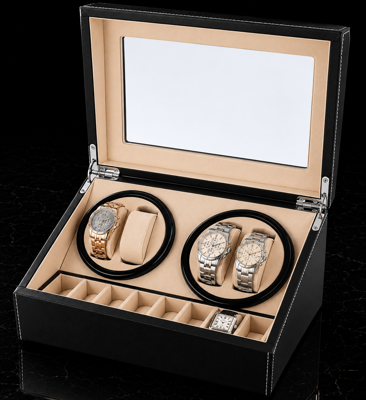 Remontoir 4 Montres - 6 Emplacements | Noir simili cuir (sans personnalisation)