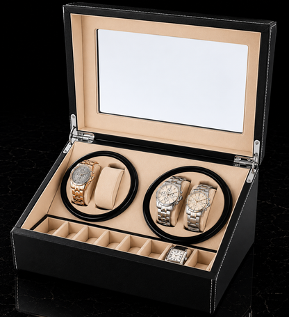Remontoir 4 Montres - 6 Emplacements | Noir simili cuir (sans personnalisation)