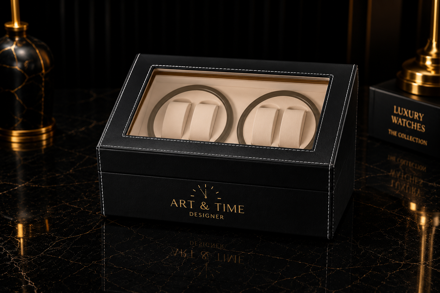 Remontoir 4 Montres - 6 Emplacements | Noir simili cuir (sans personnalisation)