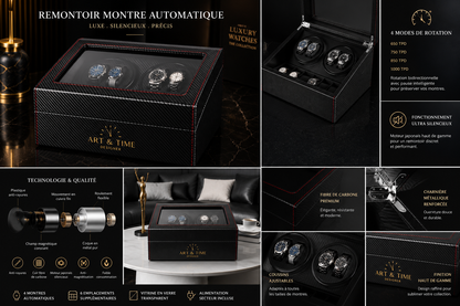 Remontoir 4 Montres - 6 Emplacements | Carbone simili cuir (sans personnalisation)
