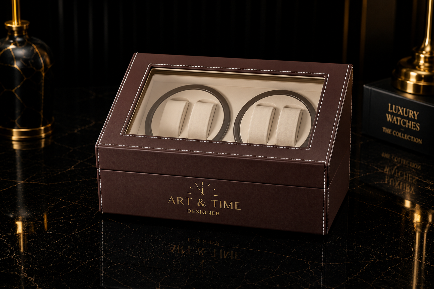 Remontoir 4 Montres - 6 Emplacements | Brun simili cuir (sans personnalisation)