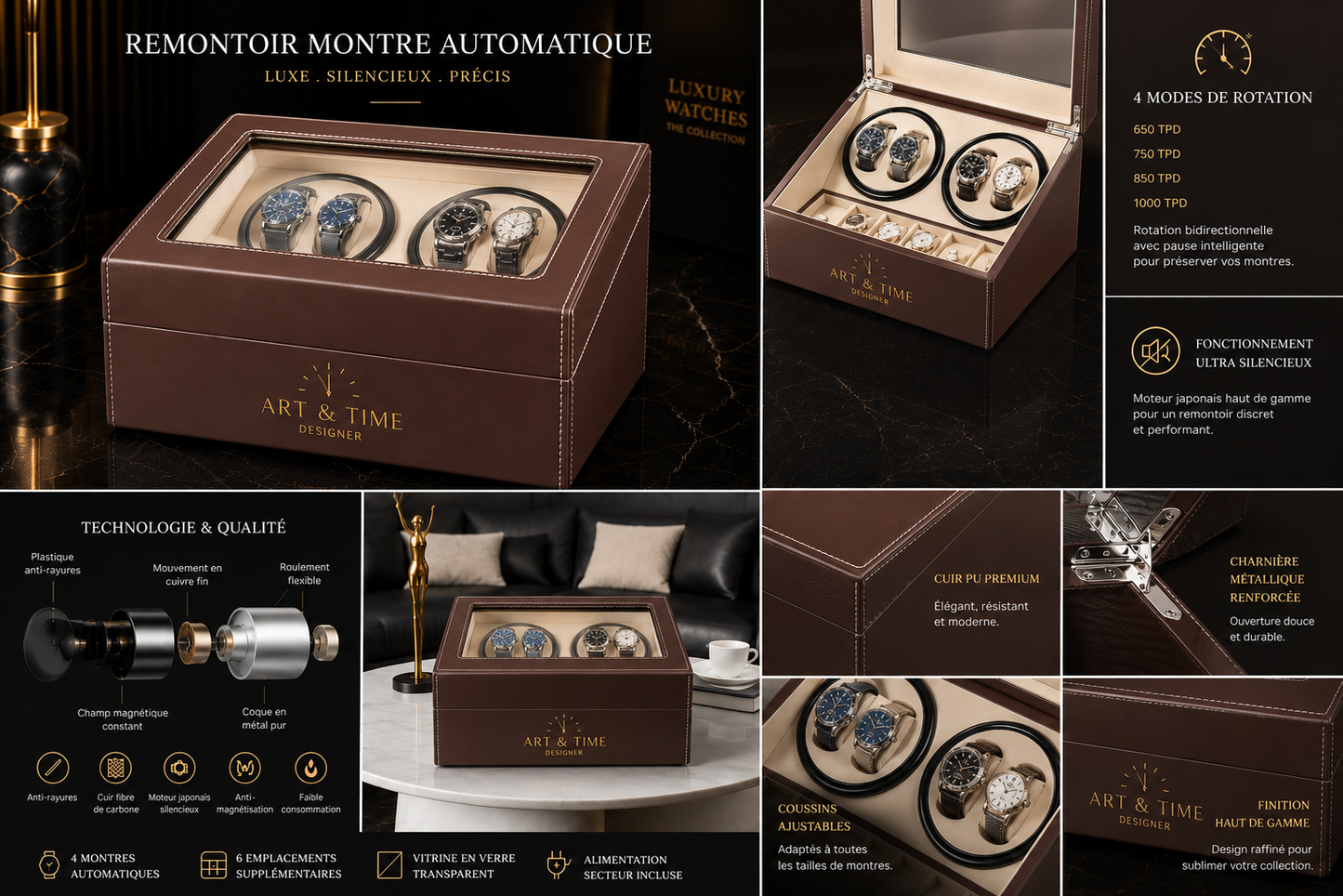 Remontoir 4 Montres - 6 Emplacements | Brun simili cuir (sans personnalisation)