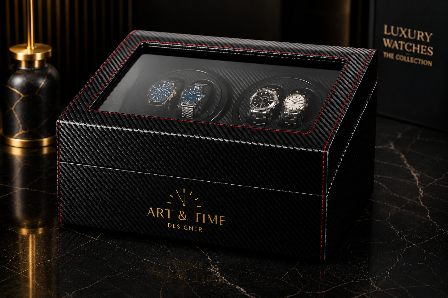 Remontoir 4 Montres - 6 Emplacements | Carbone simili cuir (sans personnalisation)