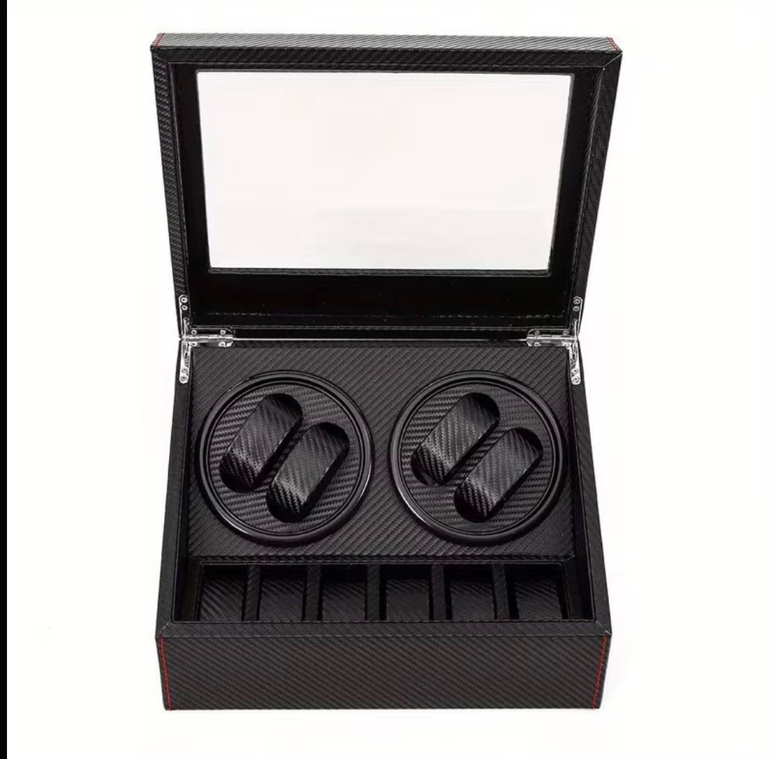 Remontoir 4 Montres - 6 Emplacements | Carbone simili cuir (sans personnalisation)