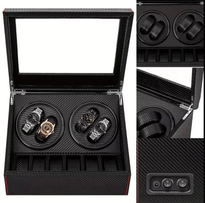 Remontoir 4 Montres - 6 Emplacements | Carbone simili cuir (sans personnalisation)