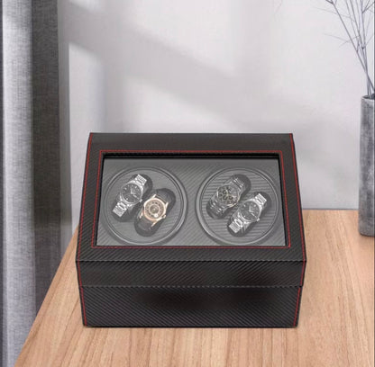Remontoir 4 Montres - 6 Emplacements | Carbone simili cuir (sans personnalisation)